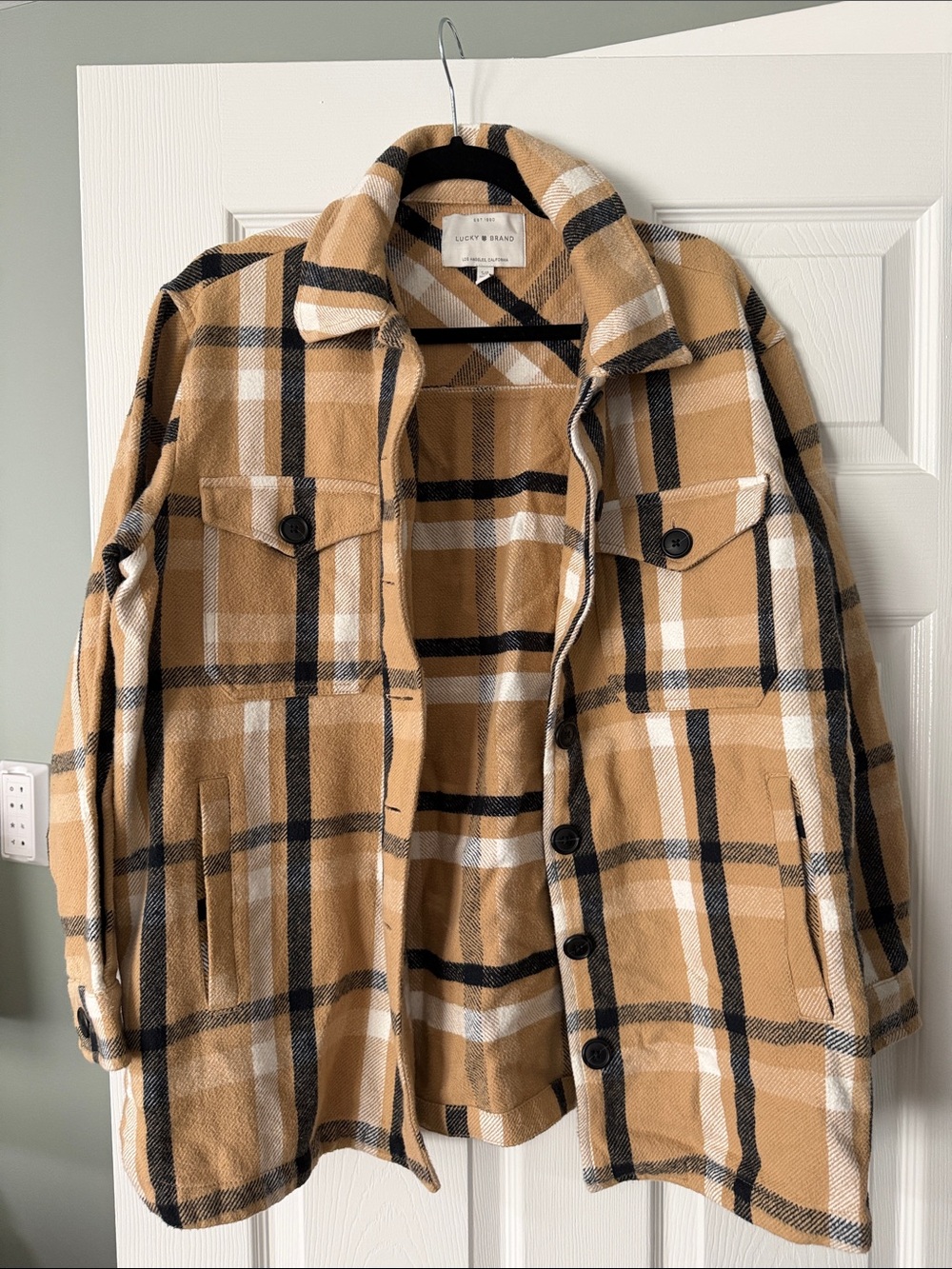 Lucky Brand Tan and Black Plaid Utility Shacket